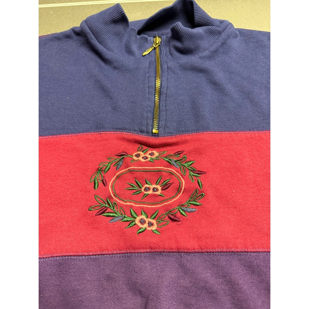 Allison Smith II Vintage Colorblock Floral Embroidered Quarter Zip Sweatshirt 1X - Picture 2 of 8